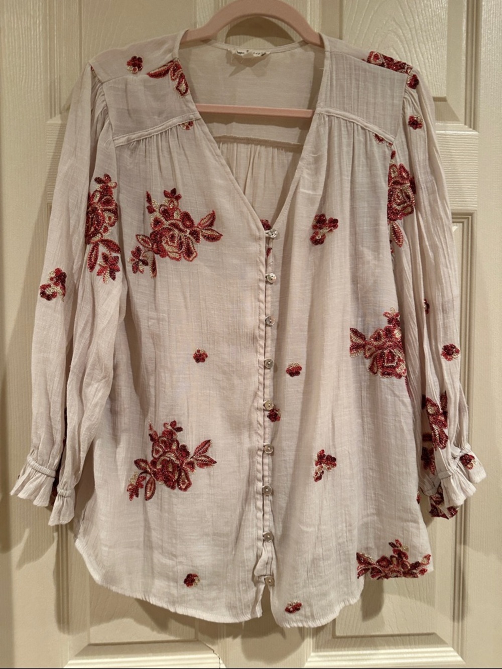 Embroidered Button-Front Tunic Blouse